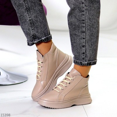 Шкіряні бежеві демі хайтопи черивики на шнурках, натуральна шкіра