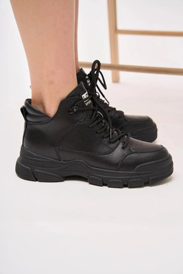 Чорні шкіряні жіночі високі кросівки на платформі, натуральна шкіра, lonza