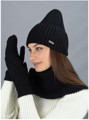 Шапка женская + шарф снуд + варежки комплект черный Совон