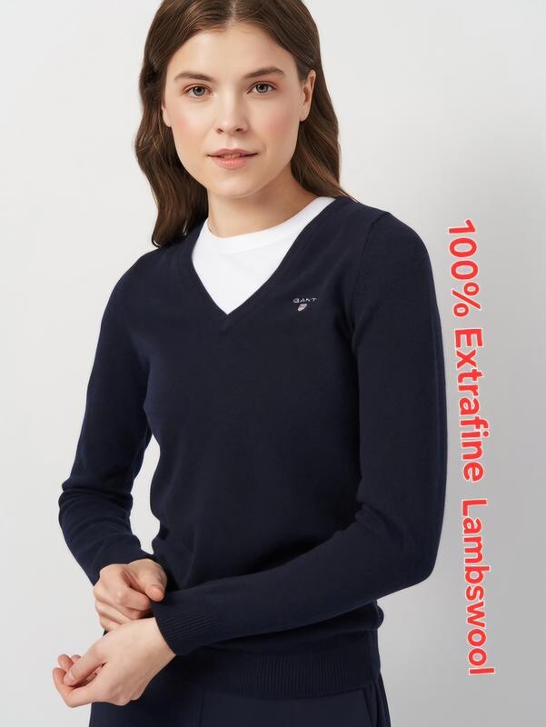 Шикарный пуловер тёмно - синего цвета из 100% extra fine lambswool gant, оригинал фото №1